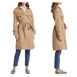 BCBGMAXAZRIA | Camel Double Breasted Gun Flap Belted Trench Coat size L [NEW]